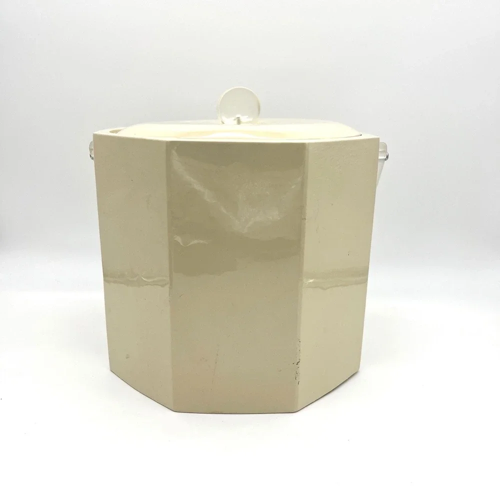 Vintage Georges Briard Ice Bucket Beige Octagon‎ Acrylic Handle Lid Mid Century